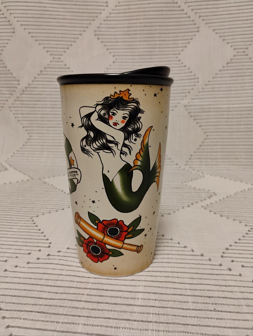 Rare Starbucks Ceramic Travel Mug Retro Mermaid Tattoo Art Collectable 2015 12oz